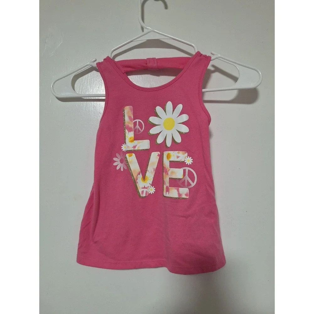 The Children's Place Girls 5T Pink Tank Top Daisy Peace LOVE Graphic Keyhole Bck